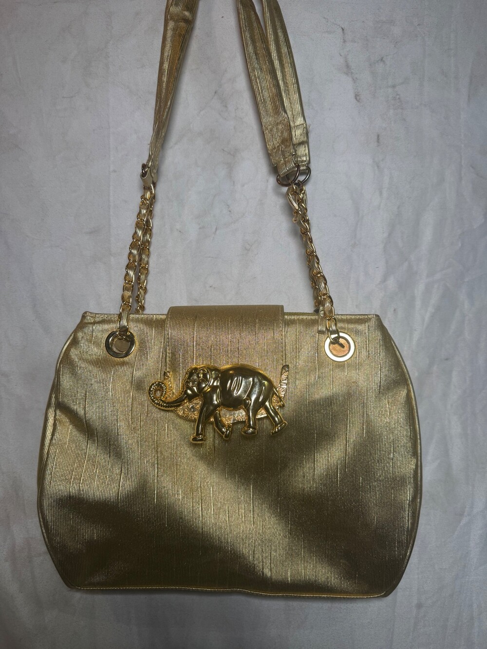 Gold-Tone Elephant Handbag with Chain and Fabric Shoulder Straps